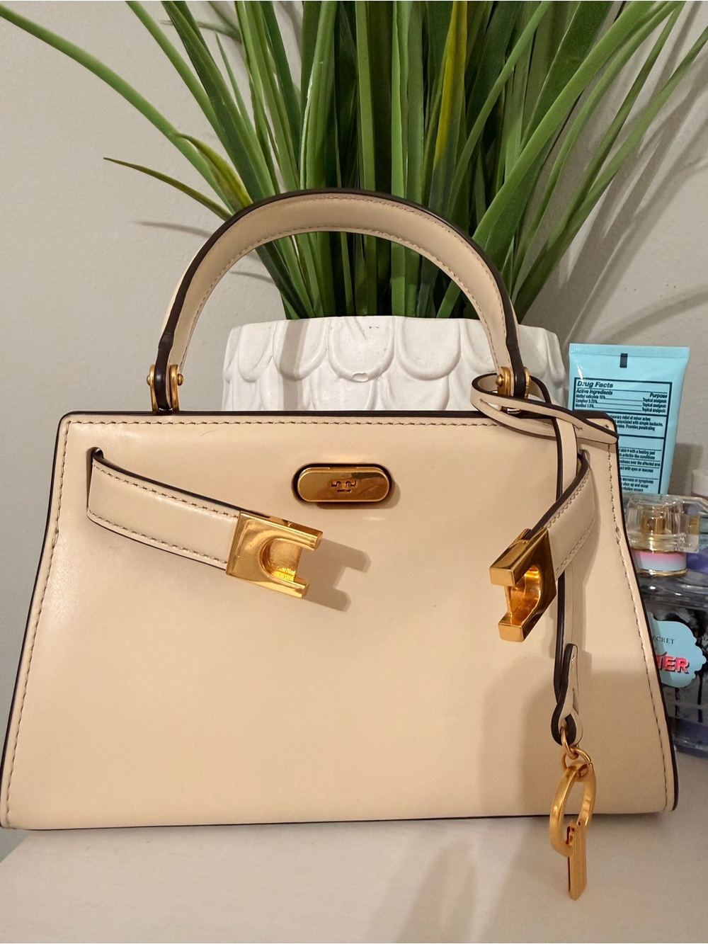 Tory Burch Lee Radziwill Cream Top-Handle Mini Bag with Gold Hardware